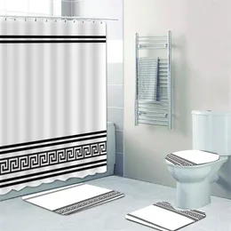 バスルーム用のクラシックギリシャのキーの蛇行の蛇行のボーダープリントシャワーカーテンセットトイレの家の装飾用の敷物220517