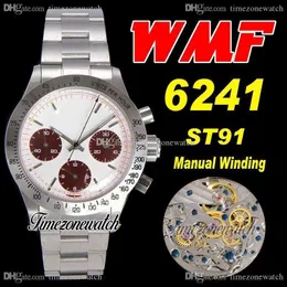 WWF Paul Newman 6241 ST91 Manuell vindkrokografi Mens Watch Circa 1967 Sällsynta Vintage White Brown Dial Oytresteel Armband TimezoneWatch Super Edition D4