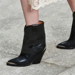 Bottines courtes à bout métallique pour femmes, chaussures à talons hauts en daim et cuir, à bout pointu, à semelle épaisse, botte de Matin pour dames