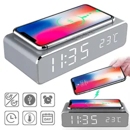 LED Electric Alarm Clock With Mobile Phone Wireless Charger HD Mirror Time Memory Digital Thermometer Gift 220426