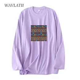 Wavlatii Mulheres de algodão folclórica Camisetas de manga longa T fêmeas de rua roxa tees de mola de alpanos de-pescoço OUTON WLT2128 220511