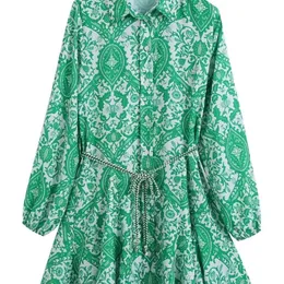 Zevity Women Fashion Paisley Floral Print Belt Mini Shirt Kvinnlig Chic Casual Big Swing Hem Pleat Green Vestidos DS9353 220514