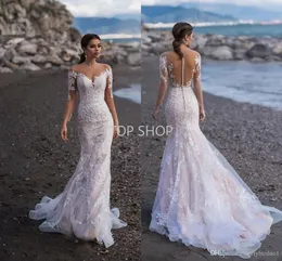 2022 Full Lace Long Sleeves Mermaid Wedding Dresses Appliqued Bridal Gowns Custom Sweep Train Beach Wedding Dress vestido de novia DD