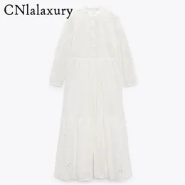CNlalaxury Spring Summer Women Long Sleeve Dress Casual Vintage White Hollow Embroidery Lady Lace Robe Dresses 220613