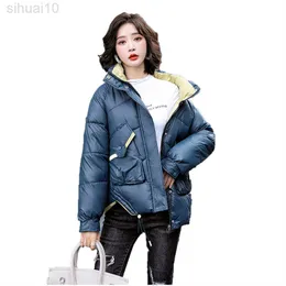 Inverno curto down Cotton Casal Women New Loose Outerwear Fashion Stand-up Collar Blue Black Cotton Jacket L220730