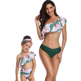 Women's Swimwear Mother And Daughter Single Shoulder Family Matching Ruffles Swimsuit Girls Plaid Bikini Kid Baby Women Bathing Suit