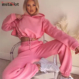 Instahot Winter مقنعين من قطعتين من قطعتين من أغطية القطن و sweatpant 2020 ترفيهية الزي غير الرسمي النساء الصلبة مجموعة LJ201117