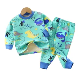 Children s Sleepwear Suits Full Pullover Tees Pants 2 Pieces Set Clothes Winter Cartoon Kids Boy Girl Fleece Padded Warm Pajamas 220714