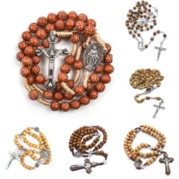 Pendant Necklaces Styles Handmade Beaded DIY Christ Jesus Wooden Beads Rosary Cross Woven Rope Chain Necklace Strand Religious PrayingPendan