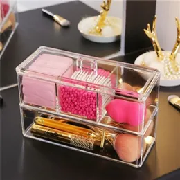 Double layer Makeup Storage Box Cosmetics Organizer Transparent Plastic Box Makeup Brush Drawer Finishing with Cover Dustproof 210330