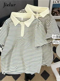 Jielur Korean Cotton Womens Summer Tshirts Short Sleeve Polo T shirt Female Yarndyed Striped Black Blue Top Woman Tees MXL 220615