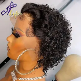 Pixie Cut Krótki bob kręcony koronkowy frontalna ludzka peruka włosy przezroczystą głęboką fali koronkowe przednie peruki dla kobiet