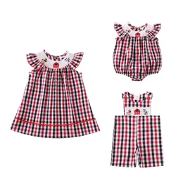 Girlymax Summer Sibling Neonate Ragazzi Abito smock Pagliaccetto Boutique Tessuto scozzese Percalle Fattoria Lunghezza al ginocchio Ruffles AA220316