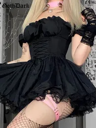 Goth Dark Mall Gothic Bandage Harajuku białe sukienki Lolita kwaii czarne kobiety seksowne mini sukienkę koronkową puff rękawów bodycon odzież 220613