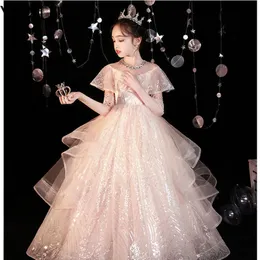 Великолепный розовый с золотым блеском Blingling Ball Hown Princess Flower Girls Dress для малышей.