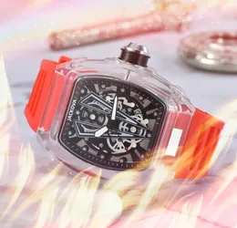 Popüler gündelik moda lüks adam kuvars saatler 43mm relojes de marca mujer içi boş şeffaf elbise lastik silikon kol saati favori Noel hediyesi