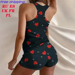 Pyjamas For Women Camisole Sleep Wear Women Pajamas Heart Print Nightgown Ruffled Flounce Shorts Lingerie Set Home Clothes 220527