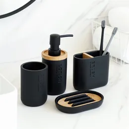 Bathroom Accessories Set Resin and Wood Soap Lotion Dispenser Toothbrush Holder Dish Tumbler Pump Bottle Cup Black or White 220809