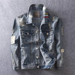 Fashion Streetwear Men Jacket Retro Blue Destroy Ripped Denim Jacket Men Coat Tiger Embroidery Stripe Hip Hop Jean Jacket Hombre T200502