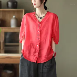 Women's Blouses & Shirts QPFJQD Ladies Short Sleeve Auricular Lace Blouse 2022 Summer Autumn Button Loose Casual Solid Color Women Ramie V-n