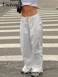 Weekeep chłopak Białe spodnie ładunkowe w lupgy kieszeni patchwork nisko wzniesiony swobodny capris damski streetwear koreańskie spodnie modowe 220725