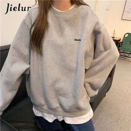 Jielur Orange Gray Swefshirt Women MXL مزيفة من قطعتين من قطعتين هوديي أنثى فضفاضة كوريا فريد الشوارع رسالة التطريز 220805