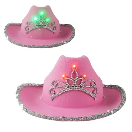 LED Western Style Wide Brim Cowboy Hat Pink Women Girls Birthday Party Caps with Feather Sequin Decoration Crown Tiara Nightclub Cowgirl Hats