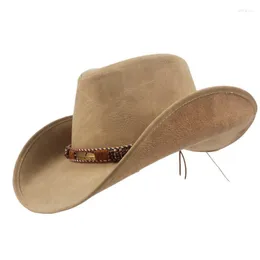 ベレーツ100％レザーカウボーイハットユニセックス女性男性西部のレディー父親fedora sombrero hombre capsサイズ58-59cmberet