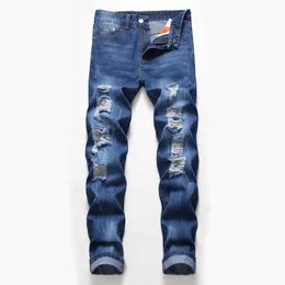 Mäns jeans högkvalitativa bomullsmän stretch rippade förstörda raka smala fit denim byxor herr retro märke mode trusare männas