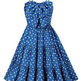 Tonval Blue Polka Dot Bow Front Strap Summer Dres High Waist Shirred Back Pleated Vintage Clothes 220613