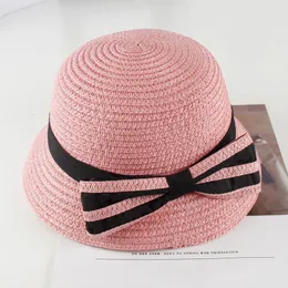 ROLLED BOW Bowl Hat Hat Children's Ribbon Bows Słomka Summer Outdoor Beach Anti-UV Sun Hats Baby Girl
