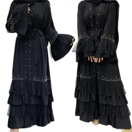 Etniska kläder Abaya Beading Muslim Mesh Spets Patchwork Kvinnor Lång Klänning Flare Ärm Fest Kvällsöppen Kimono Ruffel Arab Kaftan RobeEthn