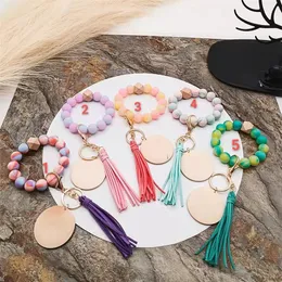 food grade silicone beads bracelet wrist keychain PU leather tassels key ring female multi-color optional