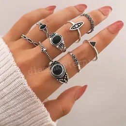 Vintage Silver Color Women's Ring Set Obsidian Geometric Twine Crystal Finger Ring Fashion Party Jewets Gifts
