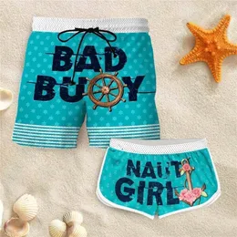 Para dopasowująca Bad Boay i Neught Girl Shorts 3D Drukowane modne szorty na parę stroju na plażę W220617