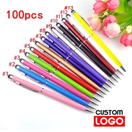 100 paket 13Color Mini Metal 2in1 Stylus Universal Ballpoint Pen Text Gravering Custom Office School Advertising Pen 220611