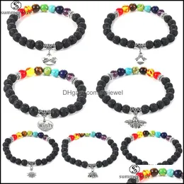 J￳ias de pulseiras de cadeia de link J￳ias 7 Chakra Healing Breaded Bracelet 8mm Lava Stone Tiger Eye Beads For Momen Men Moda Yoga Char Dhk