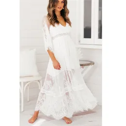 Ordifree 2021 Summer Boho Women Maxi Dress Half Sleeve Split White Lace Long Tunic Beach Dress 210320