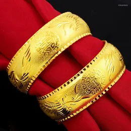 Bangle Fine Gold Plated 24k Bracelet For Women Hand Bracelets Dragon Phoenix Bangles Luxury Woman Jewelry Wedding Inte22