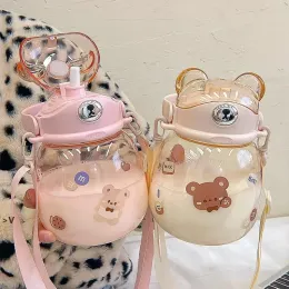 Cartoon bear plastic Water Bottles with straps for children's portable outdoor straw cup students cross drinking water bottle