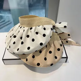 Широкие шляпы Summer Dot Sun Sweet Bowknot Hollow Top Women Women Caps на открытом воздухе. Повседневная пляжная соломенная шляпа складываемой 56-58 см бежевой хакивид