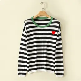 with eyesWomen pure cotton Sweater Heart ONeck Pullover stripe with heart Embroidery Long Sleeve Knitwear Top 220817