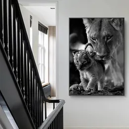 Lioness and Cub Black and White Canvas Art Painting Posters and Prints Scandinavian Wall Art Abstract Picture Home Decor Cuadros