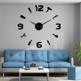 Barber Shop Giant DIY Wall Clock Mirror Surface Toolkits Decorative Watch Hairdresser Gift Beauty Salon Art 220426