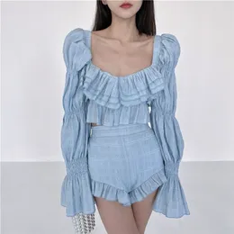 Gagaok szyfon dwuczęściowy zestaw kobiet Summer High Street moda seksowna francuska stroje pępa bluzki solidne dzikie szorty 220704