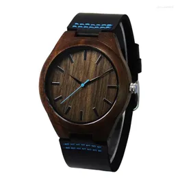 남성 선물을위한 고급 나무 시계 Japen Miyota Movement Quartz Wristwatch with Black Cowhide Leather Idea Box Wristwatches