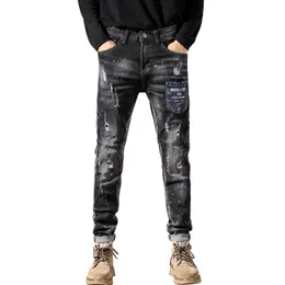 Мужские джинсы Хип-хоп Мужские эластичные облегающие рваные принты с рисунком Потертые модные карманы Дизайн Джинсовые брюки Мотоциклетные байкерскиеМужские