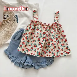 LAWADKA SUMMER MENINA ROUS DE CORDADAS FLORAL  DENIM CURTO 2PCS TERNO DE FATHA DE MATHA DE FAZENDO DE MODA