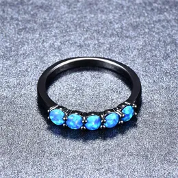 Pierścionki ślubne Bamos boho żeńska mała kamienna pierścień niebieski ogień opal dla kobiet czarne złoto paski proste okrągłe ringwedding