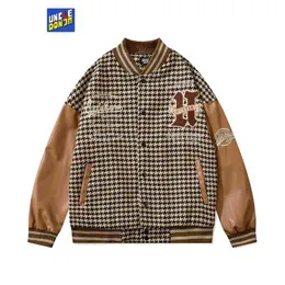 UNCLEDONJM Embroidery plaid patchwork leather sleeve casual jacket coat oversized couple punk baseball jacket varsity jacket T220728